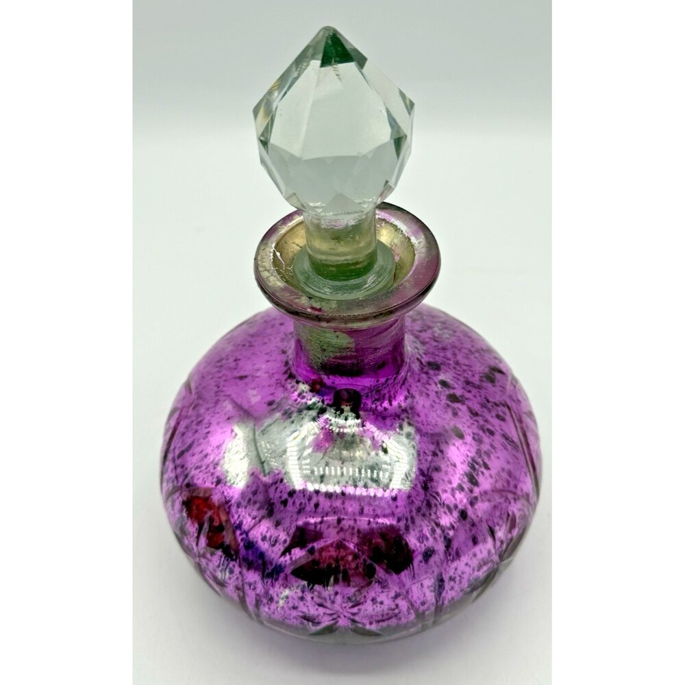 Pink Mercury Glass Globular Large Bottle Faceted Crystal Cut Stopper 8.5” Genie - Picture 6 of 13